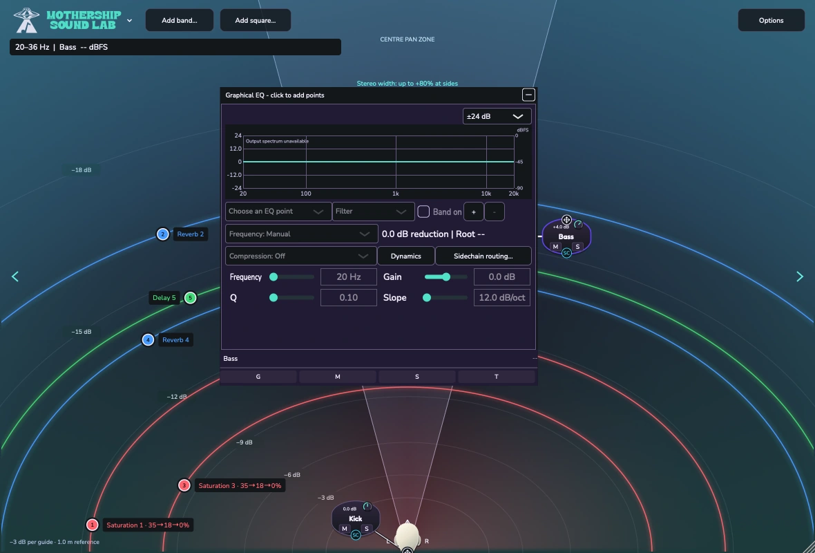 Mothership spatial mix with coloured frequency bands, track sources and open EQ controls